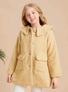 SHEIN 女孩翻蓋口袋褶皺細節花呢外套