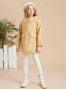 SHEIN 女孩翻蓋口袋褶皺細節花呢外套