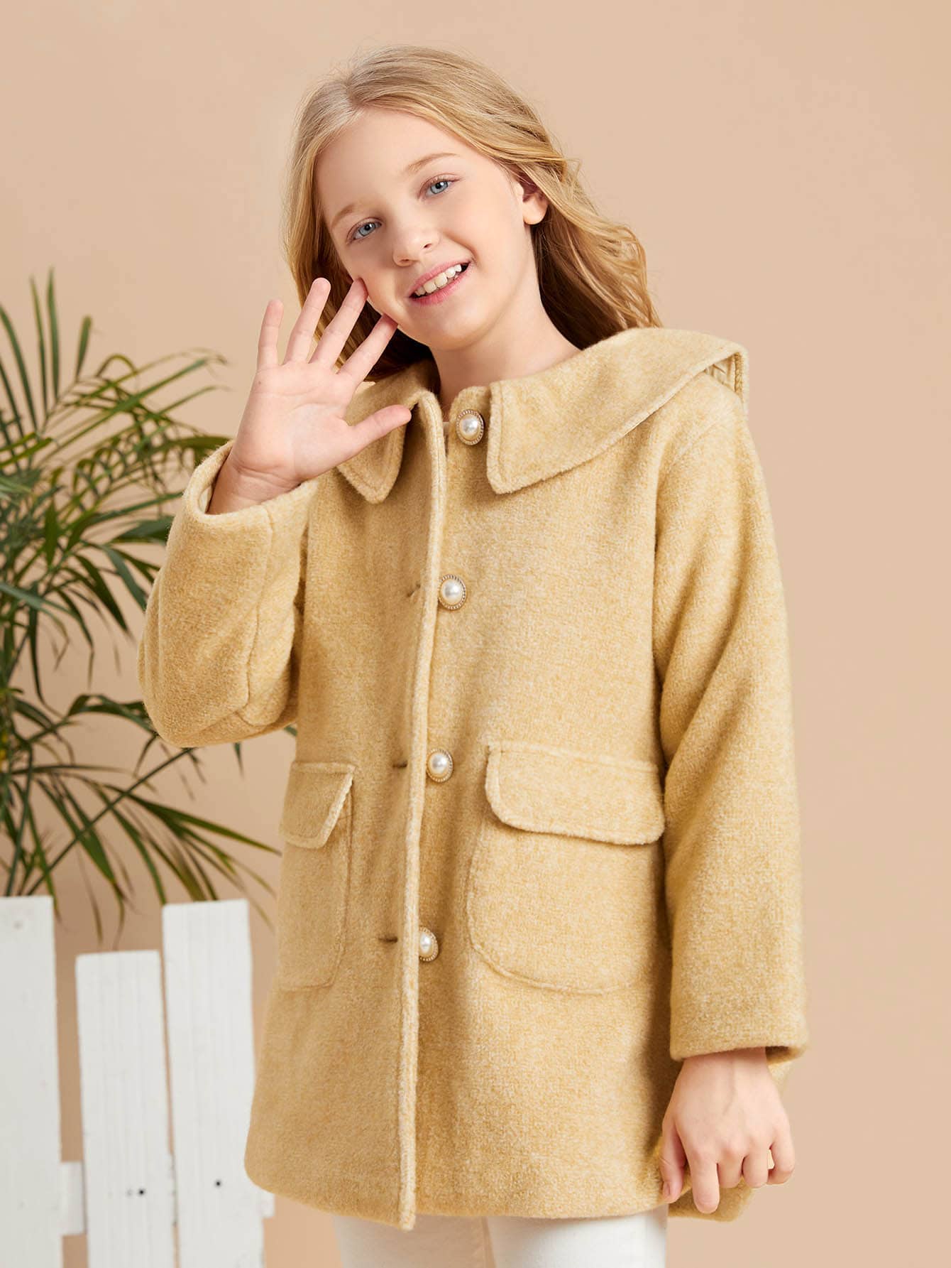 Girls Flap Pocket Fold Pleated Detail Overcoat