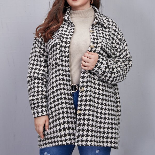 

Plus Houndstooth Flap Pocket Tweed Overcoat, Black and white