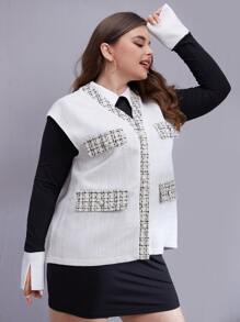 SHEIN Unity Plus Plaid Panel Flap Detail Sleeveless Overcoat - White - View 3