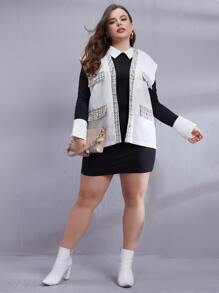 SHEIN Unity Plus Plaid Panel Flap Detail Sleeveless Overcoat - White - View 4