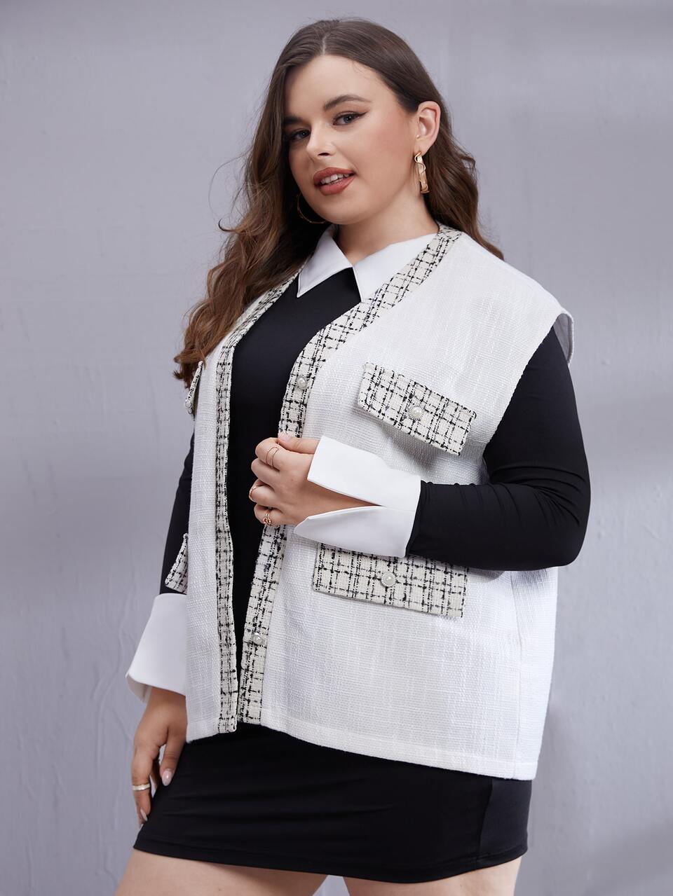 Plus Plaid Panel Flap Detail Sleeveless Overcoat