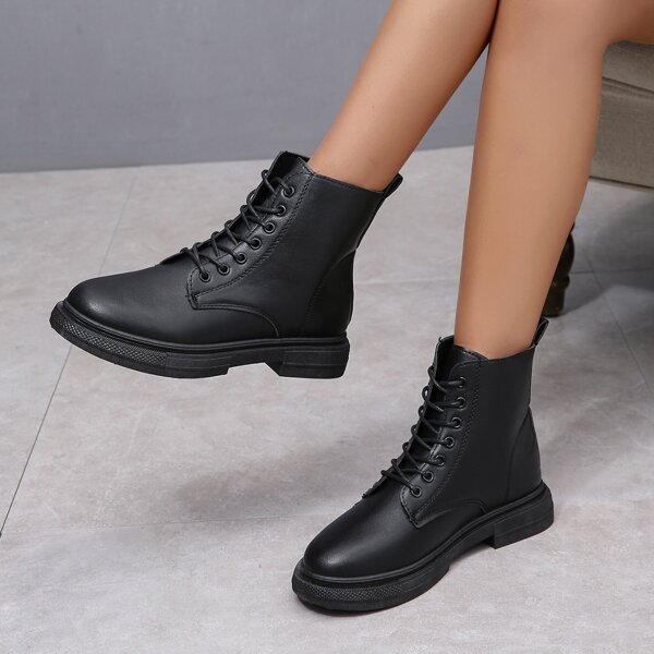 

Minimalist Lace-up Front Ankle Boots, Black