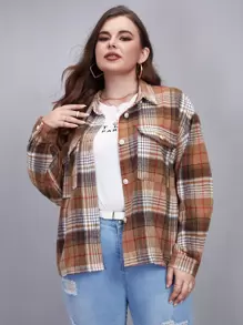 Plus Tartan Flap Pocket Drop Shoulder Overcoat - Multicolor - View 1