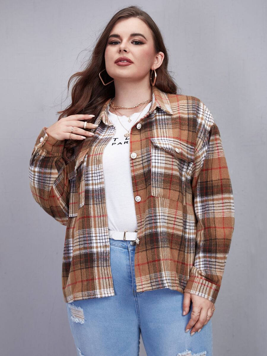 Plus Tartan Flap Pocket Drop Shoulder Overcoat - Multicolor - View 1