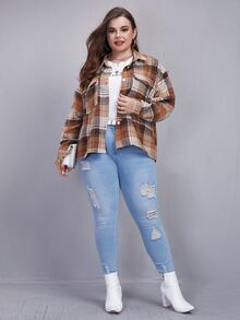 Plus Tartan Flap Pocket Drop Shoulder Overcoat - Multicolor - View 3