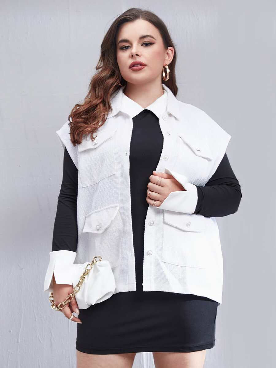 Calvaya Plus Flap Pocket Sleeveless Overcoat - White - View 1