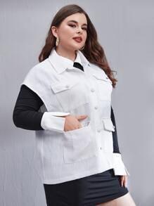 Calvaya Plus Flap Pocket Sleeveless Overcoat - White - View 3