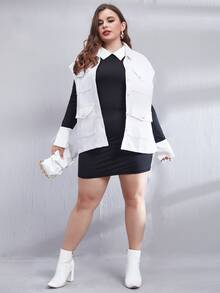 Calvaya Plus Flap Pocket Sleeveless Overcoat - White - View 5