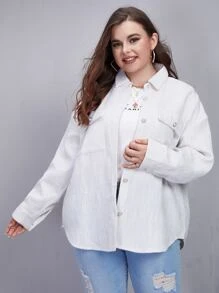 Plus Single Breasted Flap Pocket Drop Shoulder Coat - White - View 1