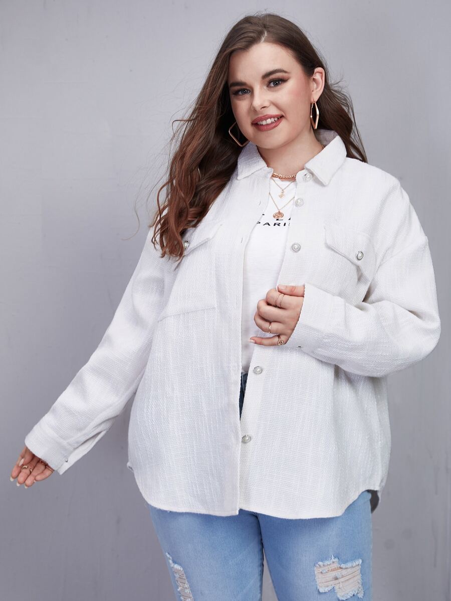 Plus Single Breasted Flap Pocket Drop Shoulder Coat - White - View 1