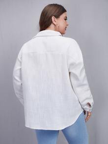 Plus Single Breasted Flap Pocket Drop Shoulder Coat - White - View 2