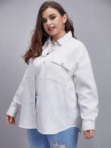 Plus Single Breasted Flap Pocket Drop Shoulder Coat - White - View 3