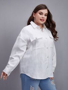 Plus Single Breasted Flap Pocket Drop Shoulder Coat - White - View 4