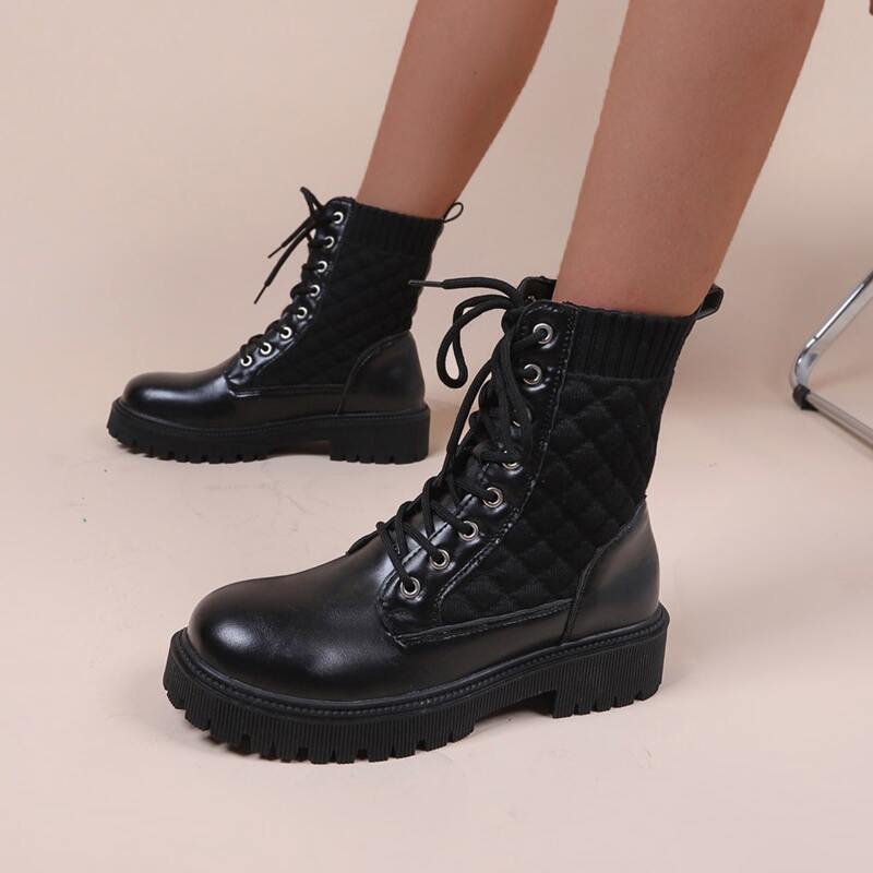 Quilted Lace-up Front Combat Boots, Black