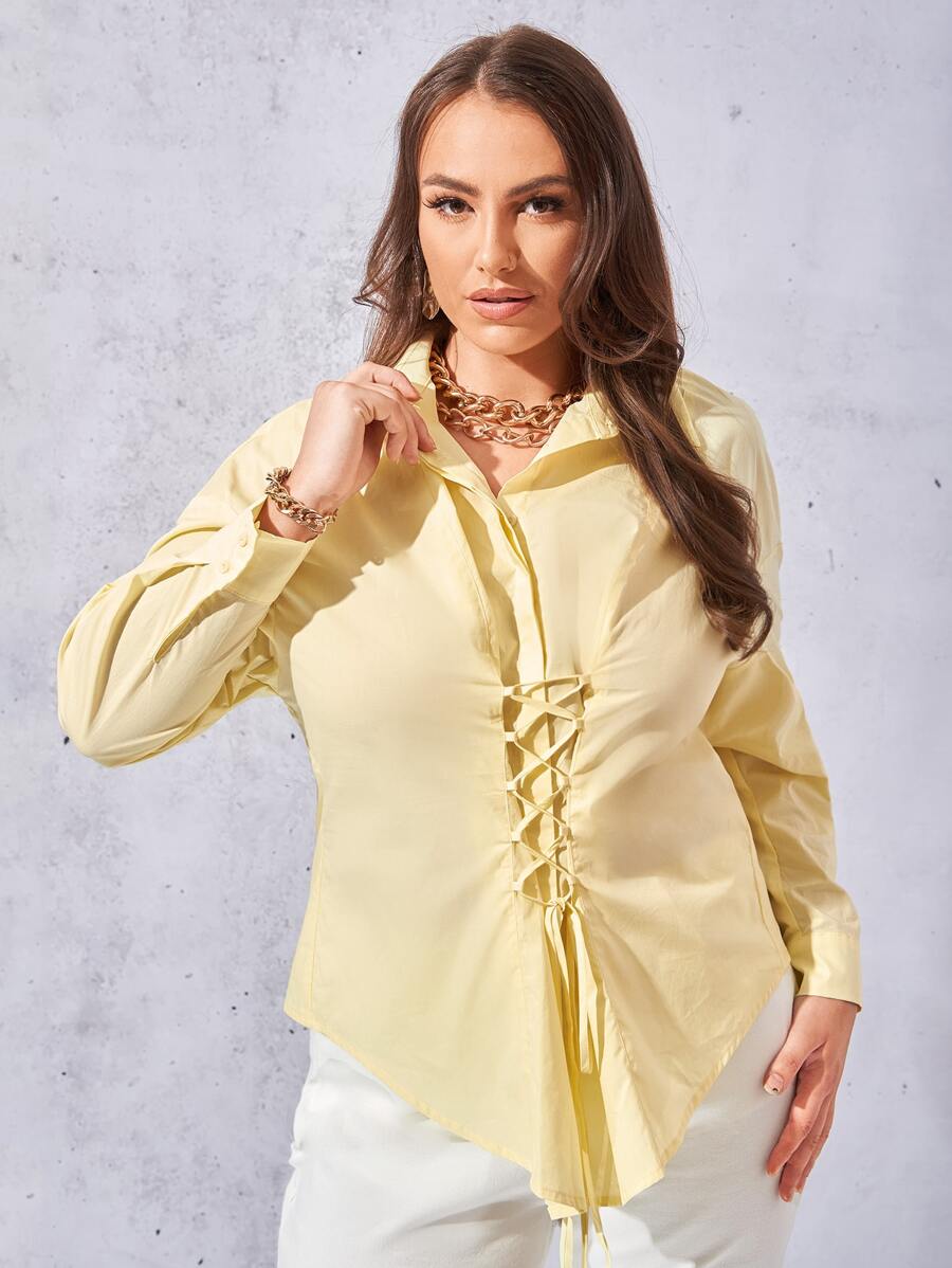 SHEIN Unity Plus Lace Up Front Drop Shoulder Shirt - Yellow - View 1