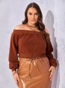 SHEIN Unity Plus Off Shoulder Zip Up Teddy Jacket - Coffee Brown - View 1