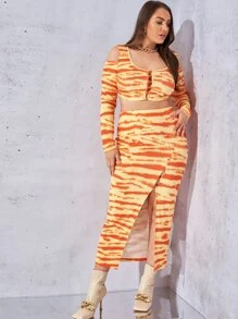 SHEIN Unity de tie dye de hombros descubiertos Top corto & de muslo con abertura Falda - Multicolor - Ver 5