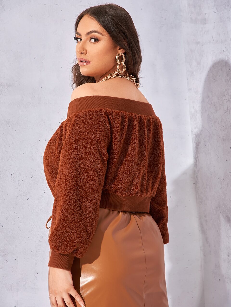 Plus Off Shoulder Zip Up Teddy Jacket
