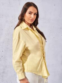 SHEIN Unity Plus Lace Up Front Drop Shoulder Shirt - Yellow - View 4