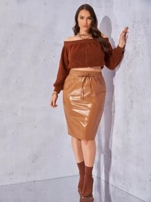 SHEIN Unity Plus Off Shoulder Zip Up Teddy Jacket - Coffee Brown - View 3
