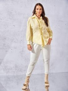 SHEIN Unity Plus Lace Up Front Drop Shoulder Shirt - Yellow - View 5