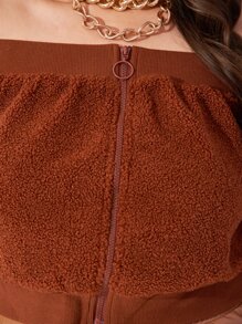 SHEIN Unity Plus Off Shoulder Zip Up Teddy Jacket - Coffee Brown - View 4