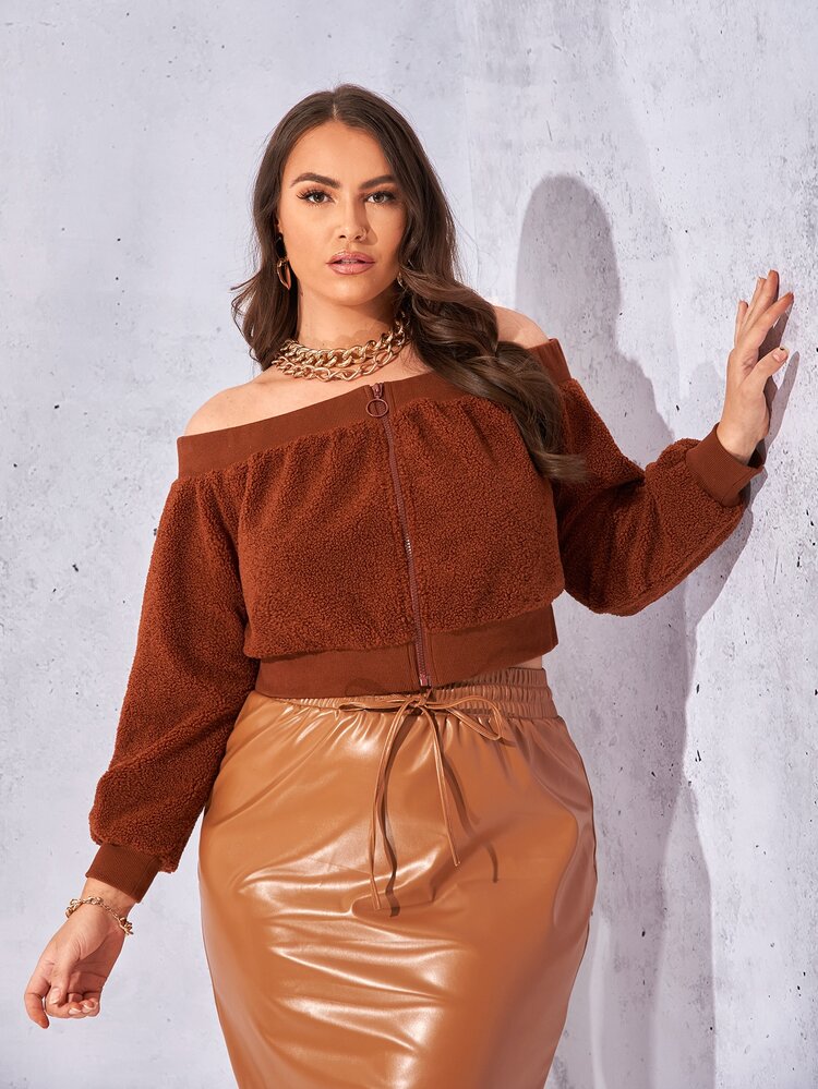 Plus Off Shoulder Zip Up Teddy Jacket