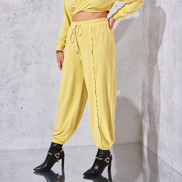 

Plus Drawstring Waist Seam Detail Sweatpants, Yellow