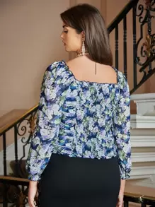 SHEIN Frenchy 大碼印花褶邊荷葉袖木耳邊雪紡襯衫 - 彩色 - 查看 2