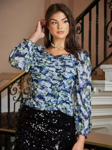 SHEIN Frenchy 大碼印花褶邊荷葉袖木耳邊雪紡襯衫 - 彩色 - 查看 5