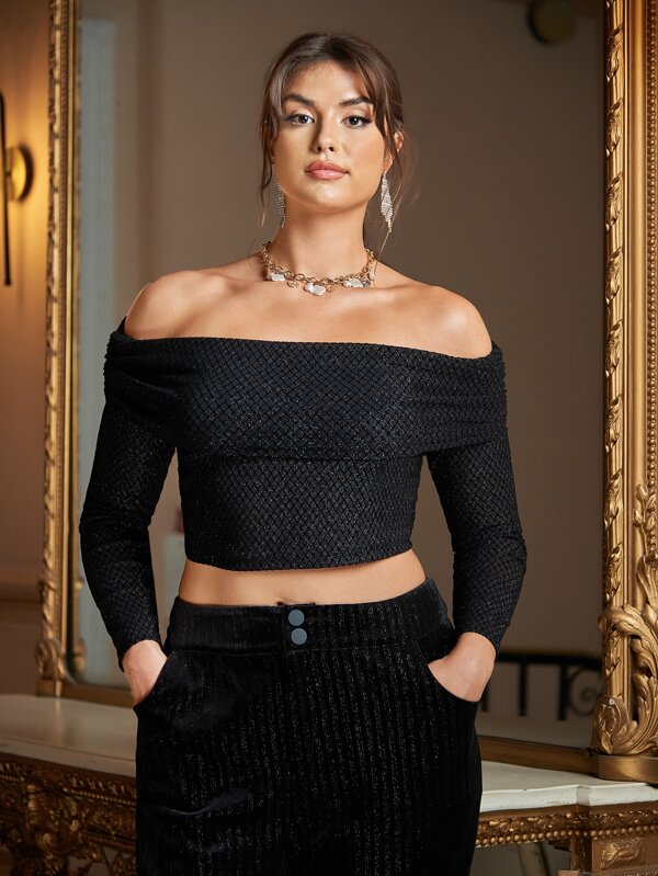 SHEIN Top de hombros descubiertos corto brillante