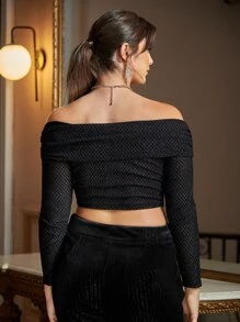 SHEIN Top de hombros descubiertos corto brillante - Negro - Ver 2