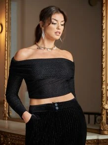 SHEIN Top de hombros descubiertos corto brillante - Negro - Ver 4