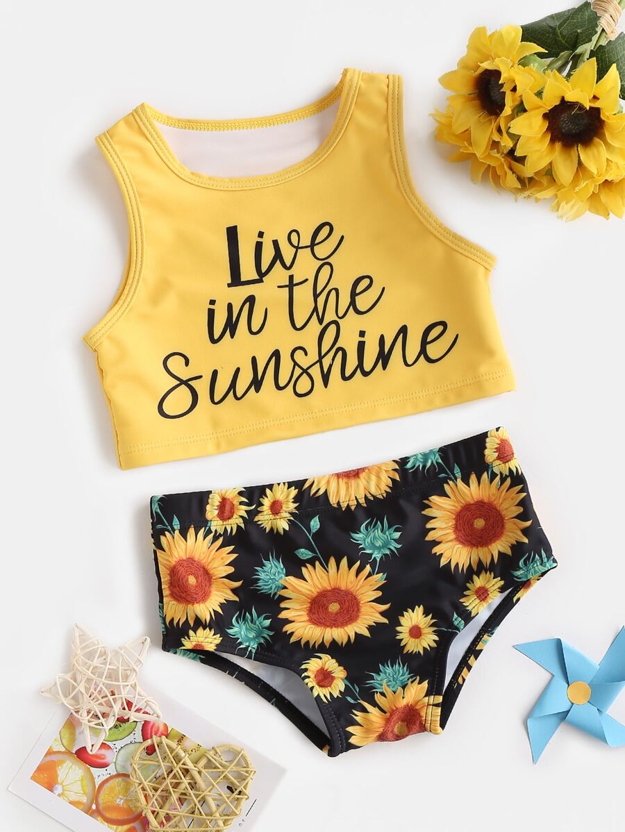 Young Girl Sunflower Print Bikini Set Summer Beach - Yellow - View 1