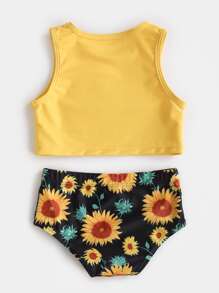 Young Girl Sunflower Print Bikini Set Summer Beach - Yellow - View 2