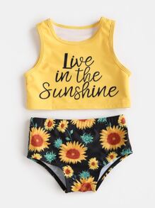 Young Girl Sunflower Print Bikini Set Summer Beach - Yellow - View 3