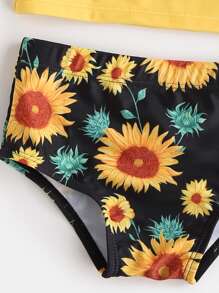 Young Girl Sunflower Print Bikini Set Summer Beach - Yellow - View 5