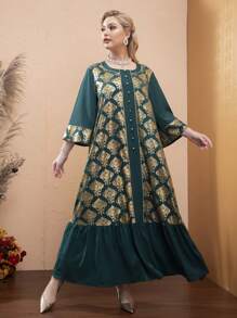 Modelyn Plus Gold Damask Print Ruffle Hem Maxi Smock Dress - Multicolor - View 1