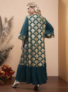 Modelyn Plus Gold Damask Print Ruffle Hem Maxi Smock Dress - Multicolor - View 2