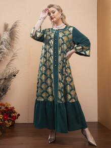 Modelyn Plus Gold Damask Print Ruffle Hem Maxi Smock Dress - Multicolor - View 3