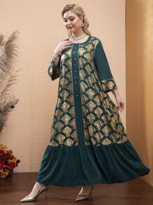 Modelyn Plus Gold Damask Print Ruffle Hem Maxi Smock Dress - Multicolor - View 4