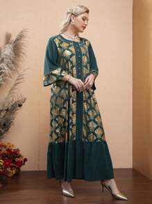 Modelyn Plus Gold Damask Print Ruffle Hem Maxi Smock Dress - Multicolor - View 5