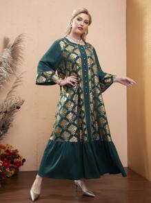 Modelyn Plus Gold Damask Print Ruffle Hem Maxi Smock Dress - Multicolor - View 6