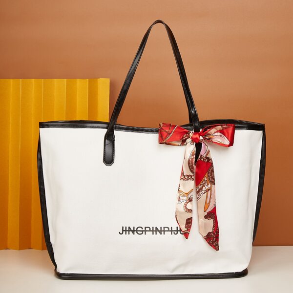 

Twilly Scarf Decor Letter Graphic Tote Bag, Black and white
