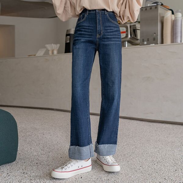 

High Waist Roll Up Hem Jeans, Dark wash