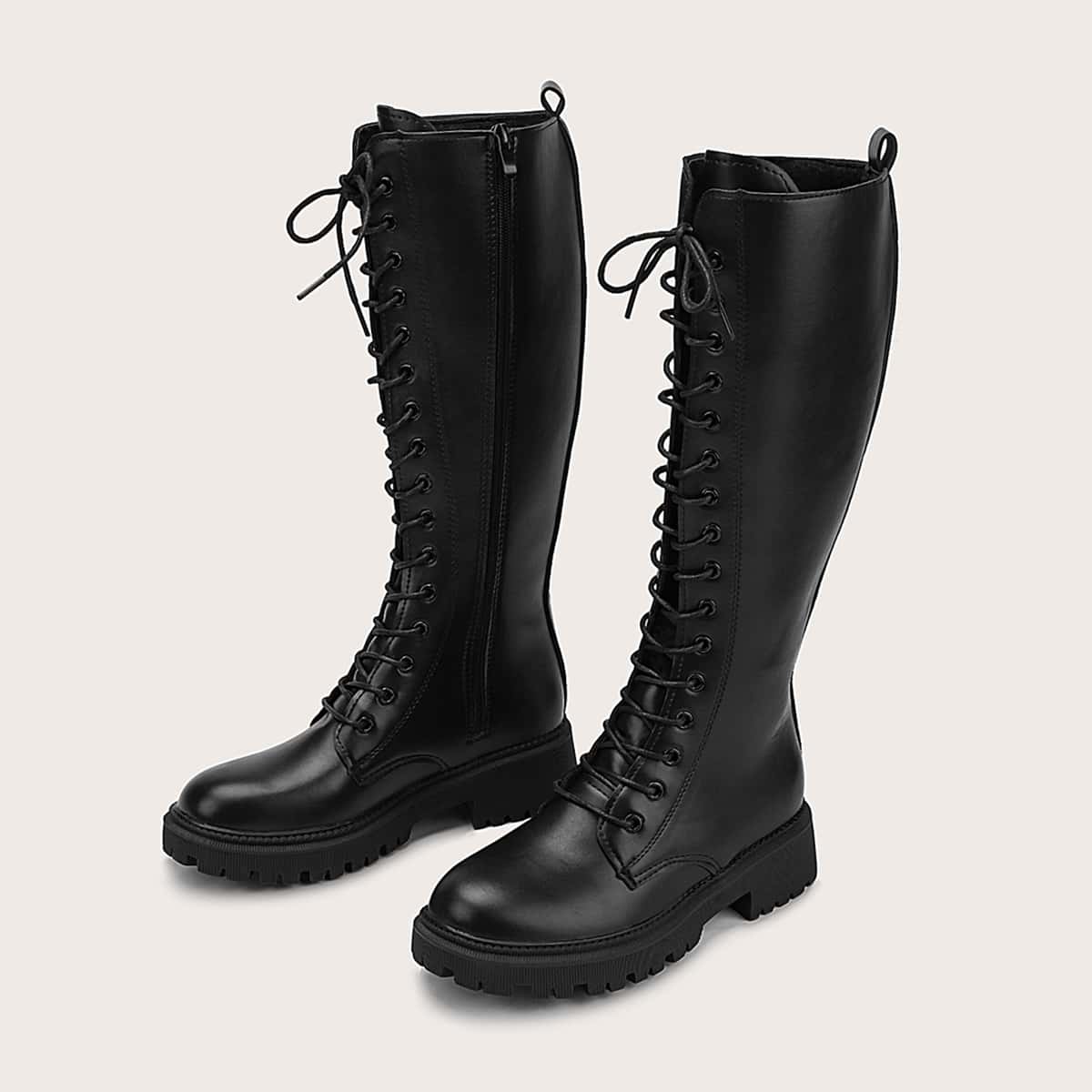 

Lace-up Front Side Zipper Riding Boots, Black