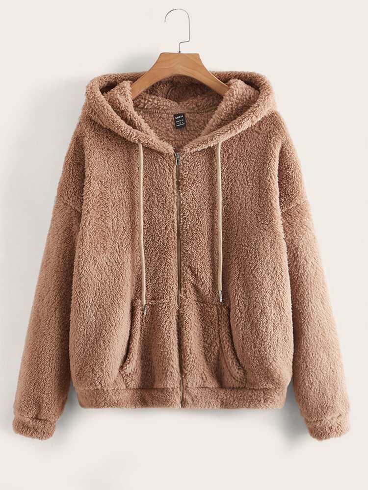 Drop Shoulder Drawstring Hooded Teddy Jacket In Fall/Winter,Casual