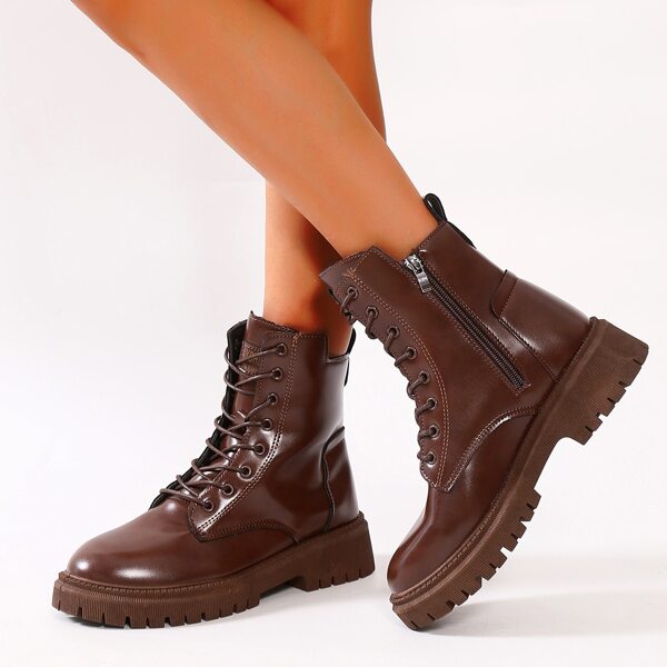 

Buckle Detail Strappy Combat Boots, Brown